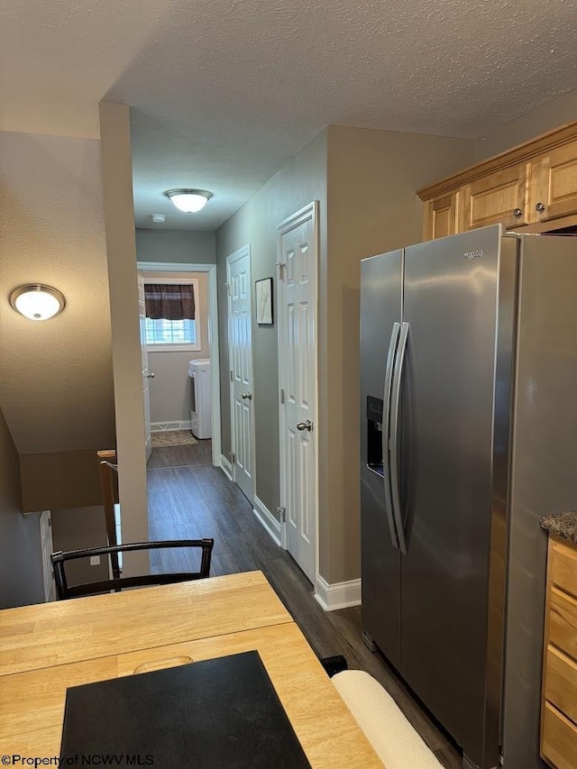203 Tarbert Ct, Morgantown, WV 26508 - kitchen featuring stainless steel fridge, dark wood-style flooring, baseboards, and washer / dryer