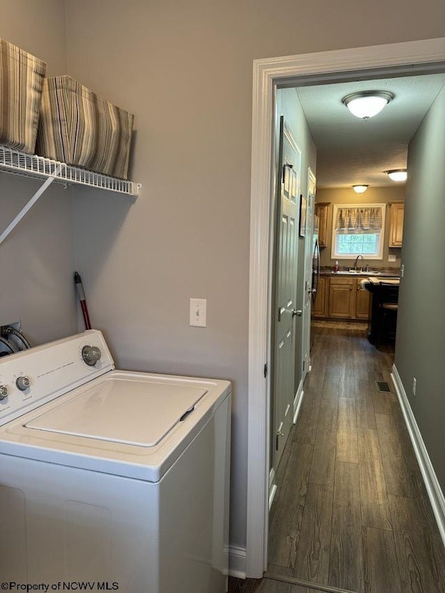 203 Tarbert Ct, Morgantown, WV 26508 - washroom with washer / dryer and dark wood-style floors