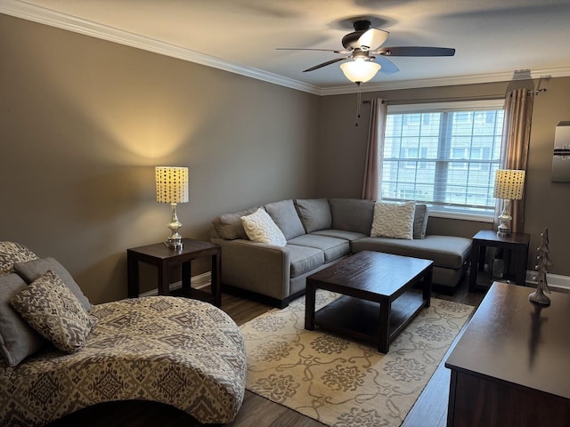 203 Tarbert Ct, Morgantown, WV 26508 - living room featuring ornamental molding, a ceiling fan, and wood finished floors