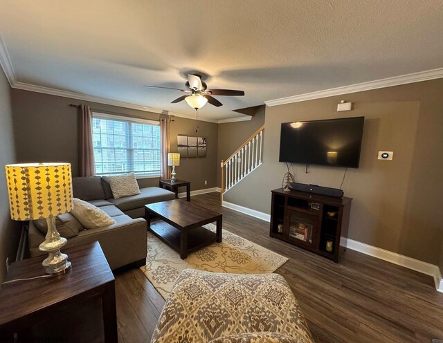 203 Tarbert Ct, Morgantown, WV 26508 - living area featuring a ceiling fan, stairway, baseboards, wood finished floors, and crown molding