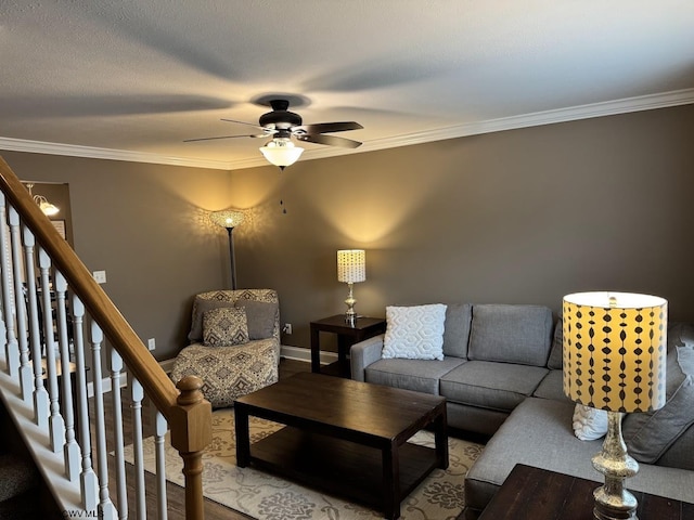 203 Tarbert Ct, Morgantown, WV 26508 - living room featuring crown molding, a ceiling fan, stairway, and baseboards