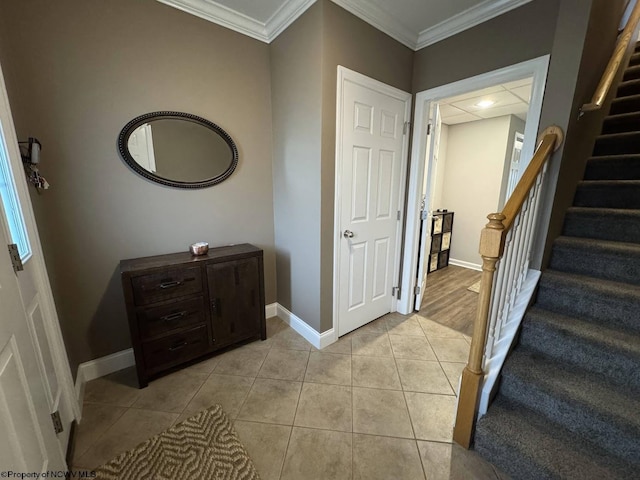 203 Tarbert Ct, Morgantown, WV 26508 - entrance foyer with ornamental molding, stairway, light tile patterned floors, and baseboards
