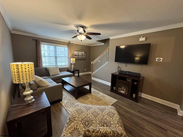 203 Tarbert Ct, Morgantown, WV 26508 - living room featuring stairway, ceiling fan, baseboards, wood finished floors, and ornamental molding