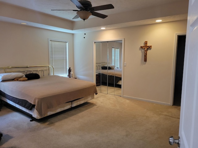 110 Woodmont Way, Fairmont, WV 26554 - bedroom featuring light carpet, recessed lighting, a closet, a ceiling fan, and baseboards