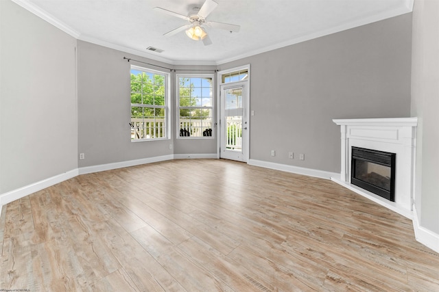 1318 Suncrest Vlg, Morgantown, WV 26505 - unfurnished living room with ornamental molding, ceiling fan, light wood finished floors, a glass covered fireplace, and baseboards