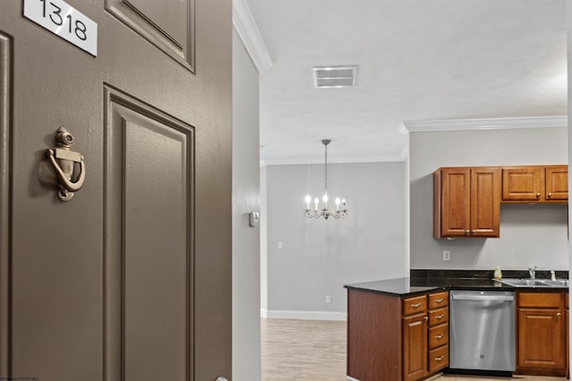 1318 Suncrest Vlg, Morgantown, WV 26505 - kitchen with stainless steel dishwasher, ornamental molding, a sink, brown cabinetry, and light wood-style flooring