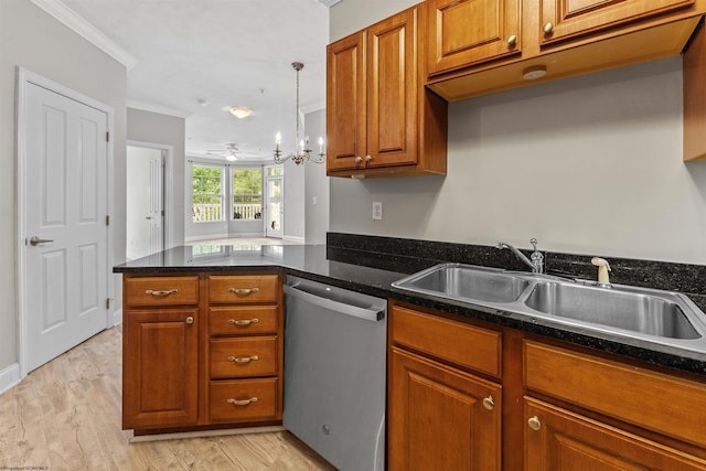 1318 Suncrest Vlg, Morgantown, WV 26505 - kitchen featuring dishwasher, crown molding, brown cabinets, a sink, and light wood finished floors