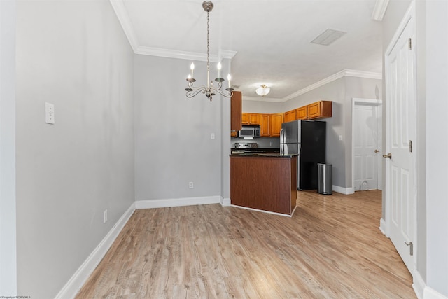 1318 Suncrest Vlg, Morgantown, WV 26505 - kitchen with freestanding refrigerator, stainless steel microwave, dark countertops, electric stove, and ornamental molding