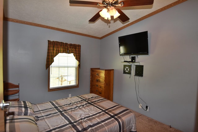 267 W Fork St, Clarksburg, WV 26301 - bedroom featuring lofted ceiling, carpet floors, ornamental molding, a textured ceiling, and ceiling fan