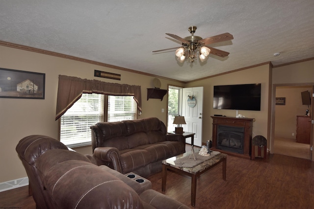 267 W Fork St, Clarksburg, WV 26301 - living room with wood finished floors, ceiling fan, a glass covered fireplace, lofted ceiling, and a textured ceiling
