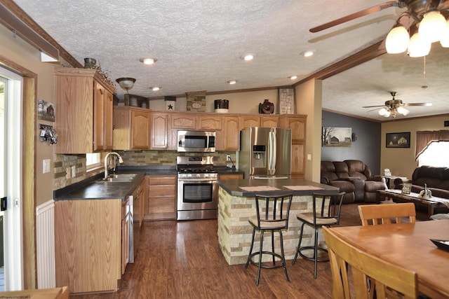 267 W Fork St, Clarksburg, WV 26301 - kitchen featuring stainless steel appliances, crown molding, a sink, dark countertops, and a ceiling fan