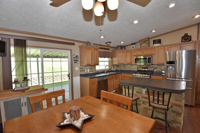 267 W Fork St, Clarksburg, WV 26301 - kitchen featuring appliances with stainless steel finishes, crown molding, a ceiling fan, a textured ceiling, and dark countertops