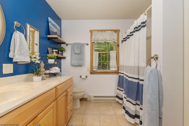 390 Aster Cir, Terra Alta, WV 26764 - full bathroom featuring a baseboard heating unit, vanity, toilet, baseboards, and a shower with curtain
