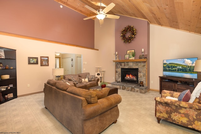 390 Aster Cir, Terra Alta, WV 26764 - living area featuring wooden ceiling, light colored carpet, ceiling fan, a stone fireplace, and high vaulted ceiling