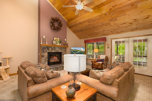 390 Aster Cir, Terra Alta, WV 26764 - living area featuring wooden ceiling, a ceiling fan, a stone fireplace, high vaulted ceiling, and carpet
