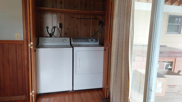 110 15th St, Elkins, WV 26241 - laundry area with independent washer and dryer, wood finished floors, and wooden walls