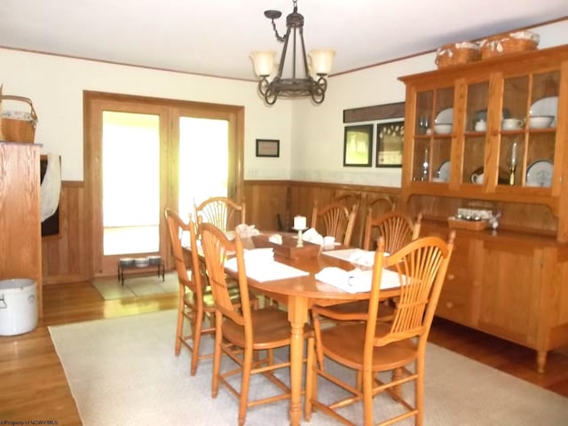 444 Gordon Rd, Beverly, WV 26253 - dining room with a wainscoted wall, wood finished floors, a chandelier, and wood walls