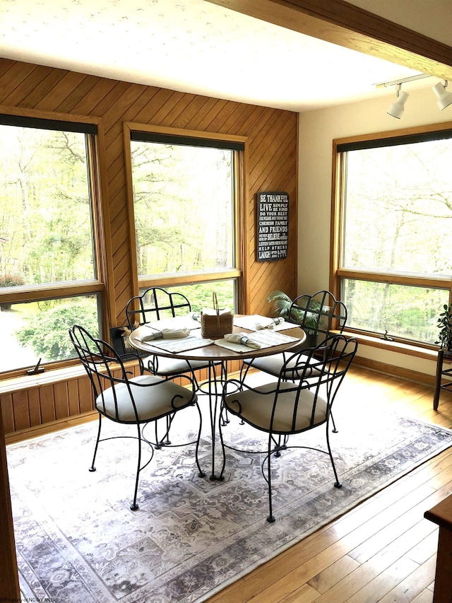 444 Gordon Rd, Beverly, WV 26253 - dining space with wood walls, plenty of natural light, wood-type flooring, and baseboards