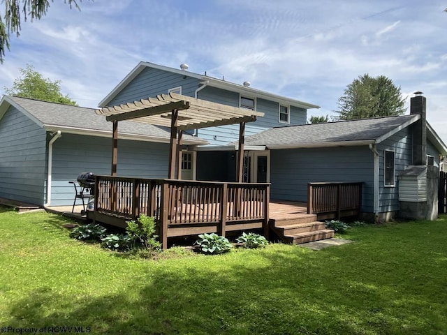 14 Myrna St, Buckhannon, WV 26201 - back of house featuring a pergola, a wooden deck, a lawn, and a chimney