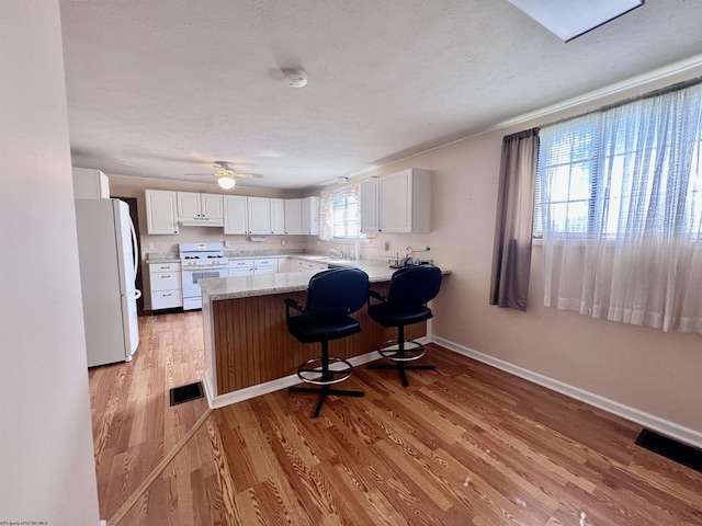 600 Wilson St, Elkins, WV 26241 - kitchen with white appliances, a peninsula, light wood-type flooring, white cabinets, and baseboards
