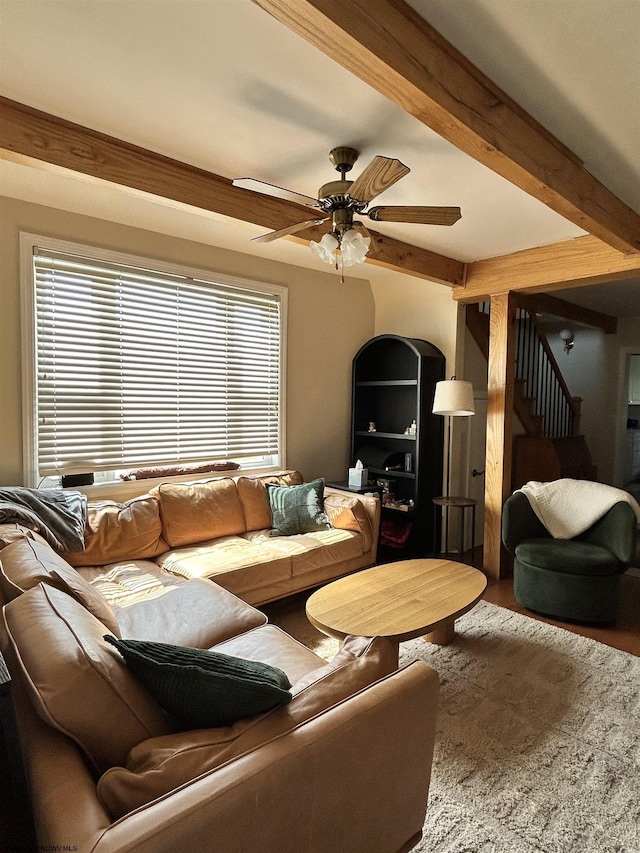 420 Fairfax Ave, Davis, WV 26260 - living area featuring ceiling fan, beam ceiling, stairs, and wood finished floors