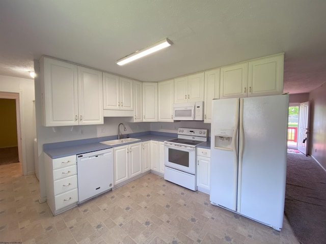 206 Evergreen Dr, Elkins, WV 26241 - kitchen featuring white appliances, a sink, white cabinets, and dark countertops