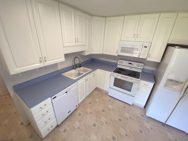 206 Evergreen Dr, Elkins, WV 26241 - kitchen featuring white appliances, a sink, dark countertops, and white cabinetry
