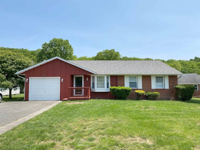 206 Evergreen Dr, Elkins, WV 26241 - ranch-style house with a garage, a front yard, brick siding, asphalt driveway, and board and batten siding
