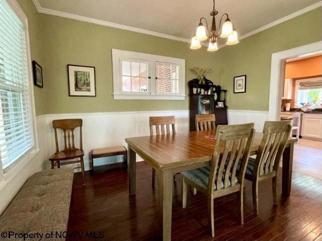 5 Key St, Elkins, WV 26241 - dining area featuring wainscoting, a chandelier, dark wood-style flooring, and ornamental molding