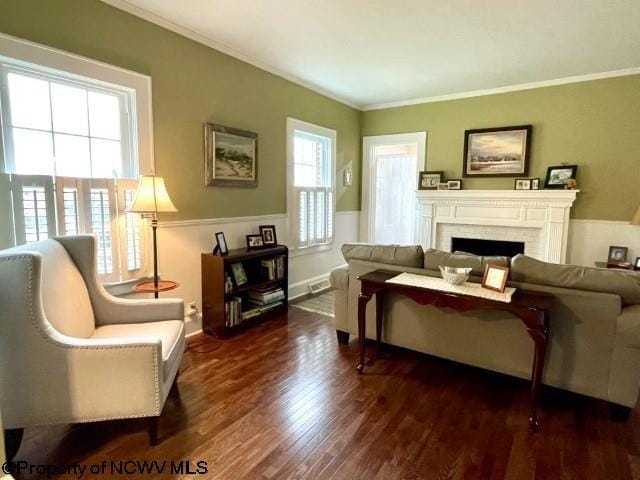 5 Key St, Elkins, WV 26241 - living room featuring dark wood-type flooring, a fireplace, crown molding, and baseboards