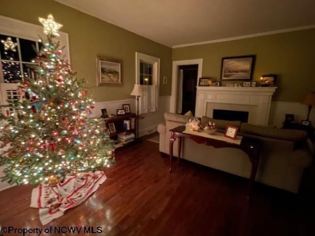 5 Key St, Elkins, WV 26241 - living room featuring wood finished floors, a fireplace, and crown molding