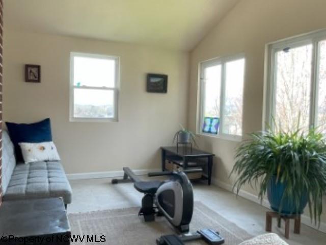 5 Key St, Elkins, WV 26241 - workout area with vaulted ceiling, carpet floors, and baseboards