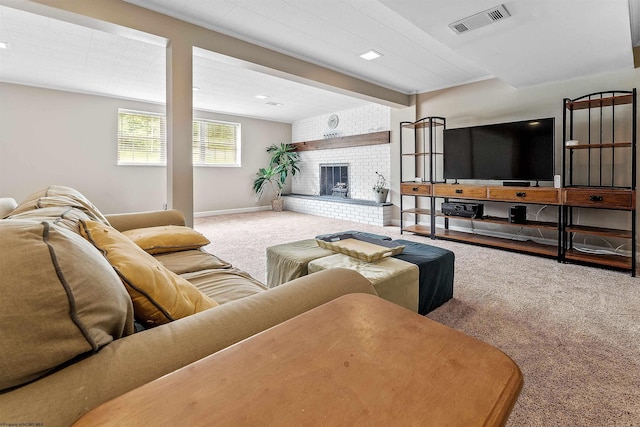 101 Forest Dr, Morgantown, WV 26505 - carpeted living area with a brick fireplace, baseboards, and beam ceiling