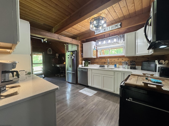 1854 Upper Lamberts Run Rd, Clarksburg, WV 26301 - kitchen with appliances with stainless steel finishes, a sink, plenty of natural light, wood ceiling with exposed beams, and wooden walls