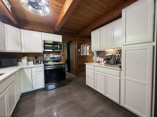 1854 Upper Lamberts Run Rd, Clarksburg, WV 26301 - kitchen featuring appliances with stainless steel finishes, wooden ceiling with exposed beams, white cabinetry, dark wood-style flooring, and light countertops