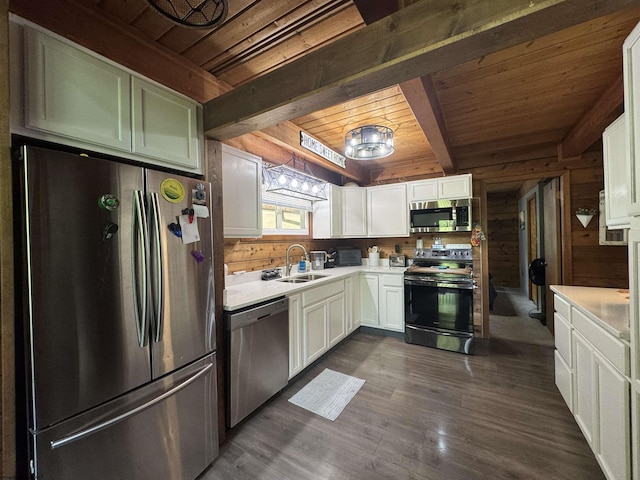 1854 Upper Lamberts Run Rd, Clarksburg, WV 26301 - kitchen with appliances with stainless steel finishes, wood ceiling with exposed beams, a sink, light countertops, and white cabinets