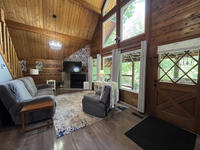 1854 Upper Lamberts Run Rd, Clarksburg, WV 26301 - living room with wood walls, wood ceiling with exposed beams, high vaulted ceiling, wood finished floors, and stairs