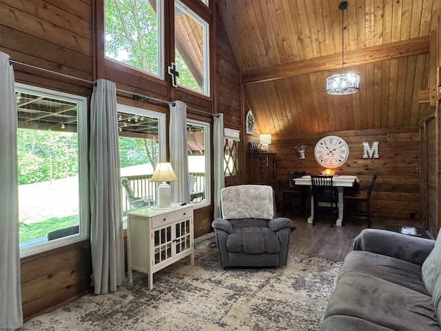 1854 Upper Lamberts Run Rd, Clarksburg, WV 26301 - living area with wooden ceiling with exposed beams, wood walls, high vaulted ceiling, and wood finished floors