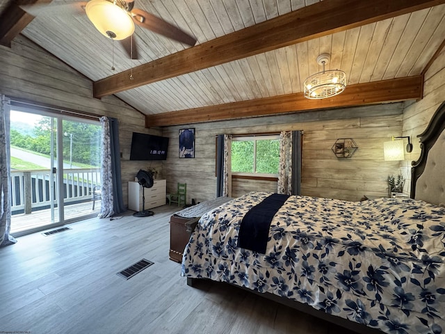 1854 Upper Lamberts Run Rd, Clarksburg, WV 26301 - bedroom featuring wood walls, access to outside, wood finished floors, and wooden ceiling