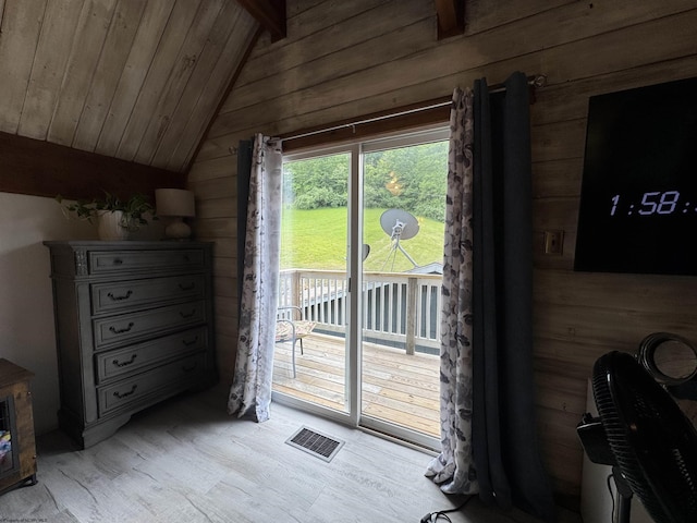1854 Upper Lamberts Run Rd, Clarksburg, WV 26301 - doorway featuring wooden walls, light wood finished floors, and wooden ceiling