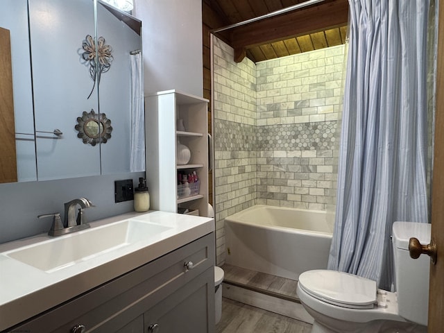 1854 Upper Lamberts Run Rd, Clarksburg, WV 26301 - full bathroom with toilet, vanity, wood ceiling with exposed beams, shower / tub combo with curtain, and wood finished floors