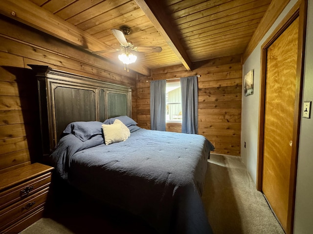 1854 Upper Lamberts Run Rd, Clarksburg, WV 26301 - bedroom with wood ceiling with exposed beams, carpet, wooden walls, and a ceiling fan