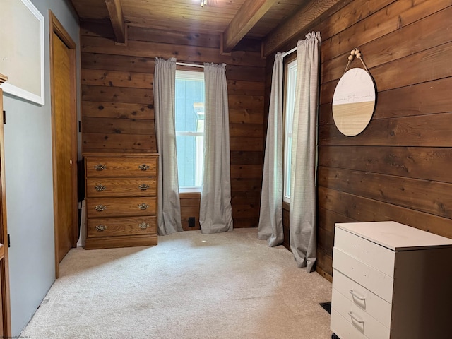 1854 Upper Lamberts Run Rd, Clarksburg, WV 26301 - bedroom featuring wooden walls, wood ceiling with exposed beams, and light colored carpet