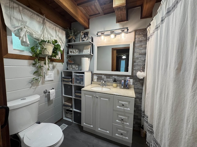 1854 Upper Lamberts Run Rd, Clarksburg, WV 26301 - full bathroom featuring vanity, toilet, decorative backsplash, wood ceiling with exposed beams, and curtained shower