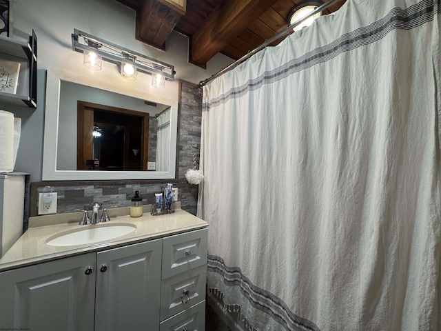 1854 Upper Lamberts Run Rd, Clarksburg, WV 26301 - bathroom with vanity, wooden ceiling with exposed beams, a shower with curtain, and backsplash
