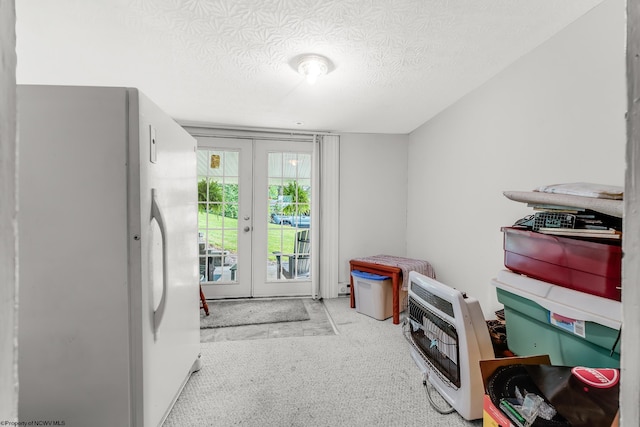 14318 N Preston Hwy, Bruceton Mills, WV 26525 - entryway with heating unit, carpet, a textured ceiling, and french doors