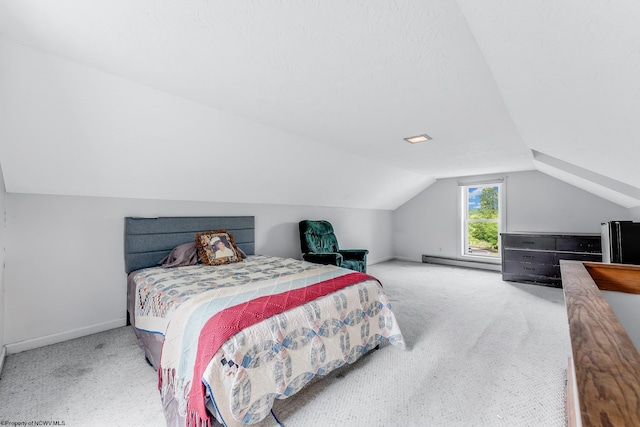 14318 N Preston Hwy, Bruceton Mills, WV 26525 - carpeted bedroom with baseboard heating, freestanding refrigerator, lofted ceiling, and baseboards