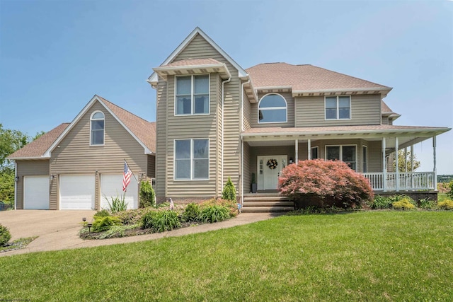 1300 Deer Run, Morgantown, WV 26508 - view of front of house featuring concrete driveway, a front yard, an attached garage, a porch, and roof with shingles