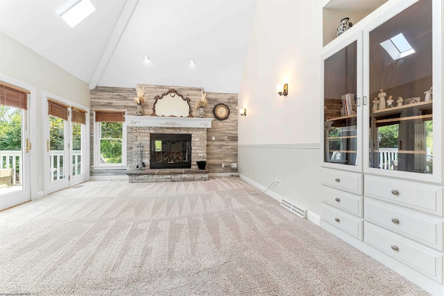 1300 Deer Run, Morgantown, WV 26508 - unfurnished living room featuring carpet floors, high vaulted ceiling, baseboards, and a fireplace