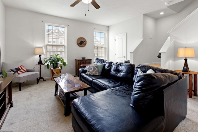 119 Inlet St, Morgantown, WV 26508 - living area featuring a ceiling fan, light colored carpet, and recessed lighting